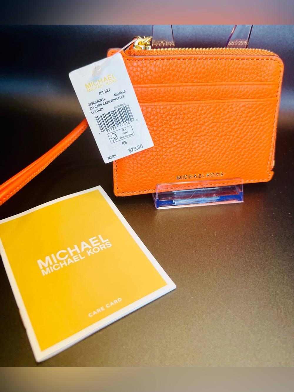 NWT Michael Kors Jet Set Leather Card Case Wristlet - Mimosa Orange/Gold